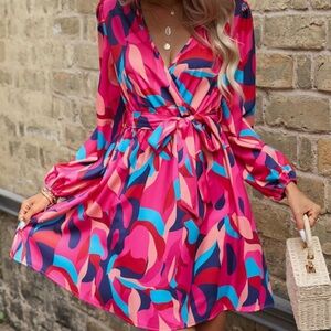 SHEIN | Pink Breezaya Allover Print Lantern Sleeve Belted Dress